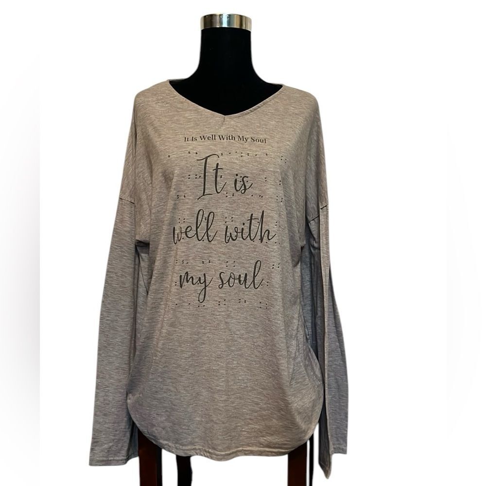 It Is Well With My Soul Long Sleeve Oversized Taupe Heather Top Shirt Women’s L
